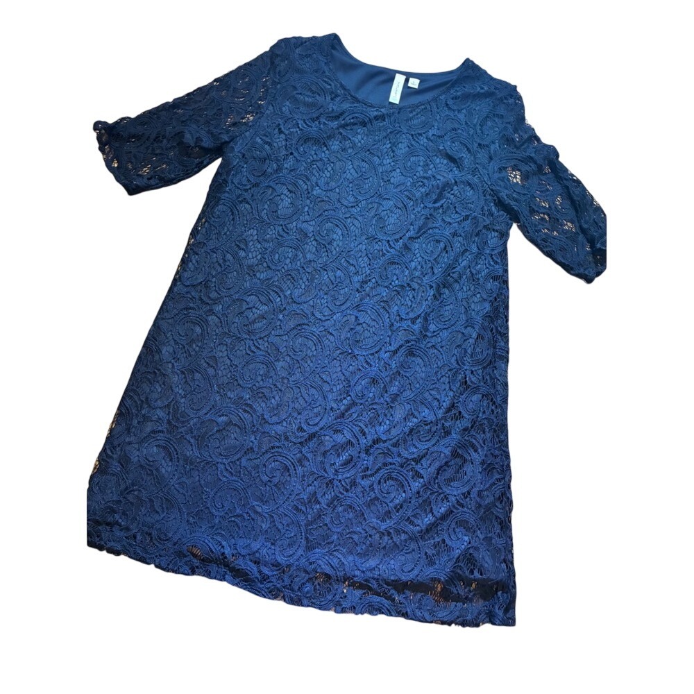 Tacera Navy Blue Floral Lace Shift Dress Womens Large Half Sleeve Cocktail Mini